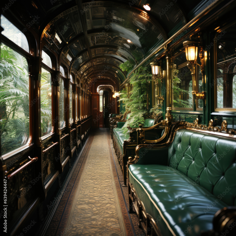 Vintage steam train interior view wide-angle medium
