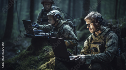 Photo military special operation or soldiers in the forest at night reviewing a plan of action on a laptop