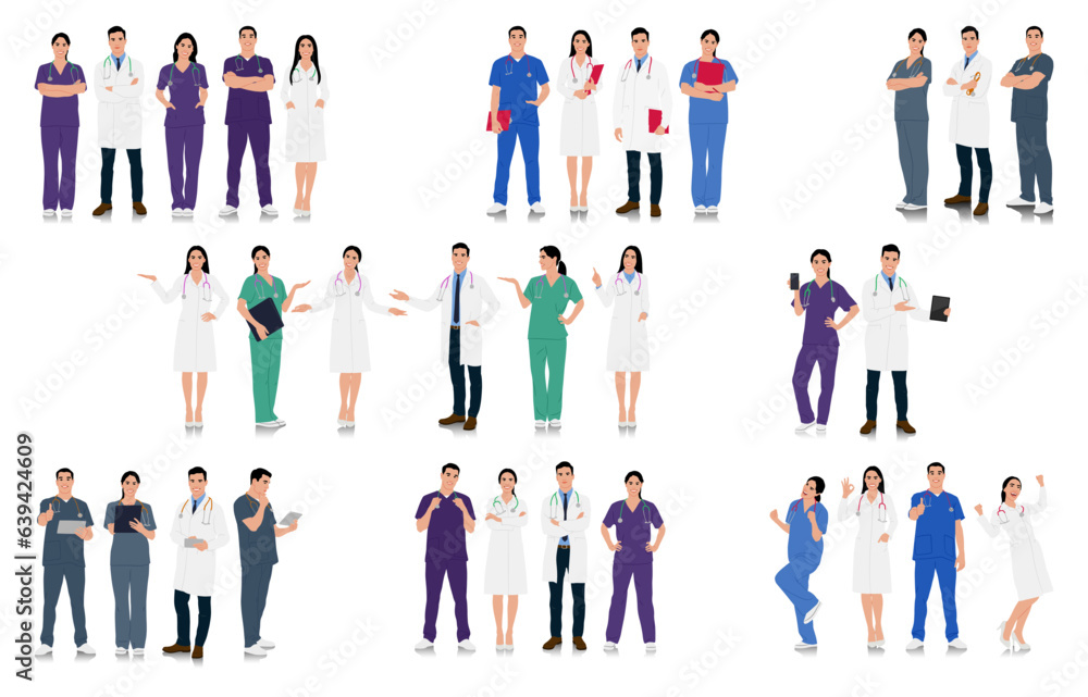 Hand-drawn male and female doctors and nurses. Happy smiling doctors with a stethoscopes. Healthcare workers  in uniform. Different color options. Vector flat style illustration set isolated