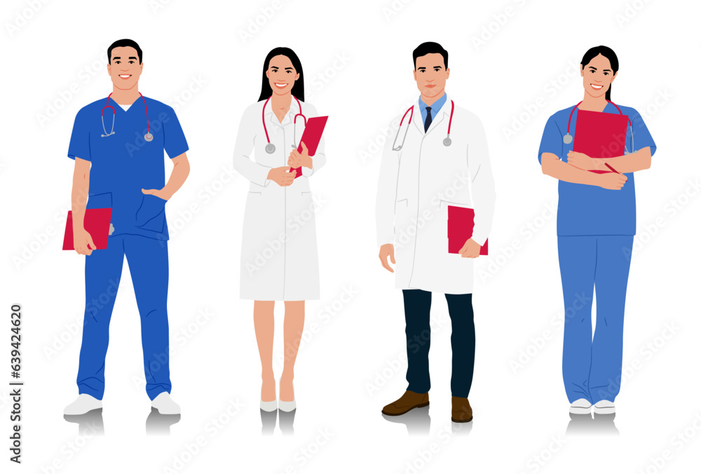 Hand-drawn male and female doctors in white coats. Happy smiling doctors with a stethoscopes. Male and female nurses in uniform. Different color options. Vector flat style illustration set isolated