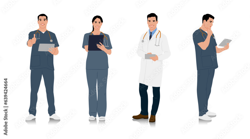 Hand-drawn male and female doctors in white coats. Happy smiling doctors with a stethoscopes. Male and female nurses in uniform. Different color options. Vector flat style illustration set isolated Hand-drawn male and female doctors in white coats. Happy smiling doctors with a stethoscopes. Male and female nurses in uniform. Different color options. Vector flat style illustration set isolated