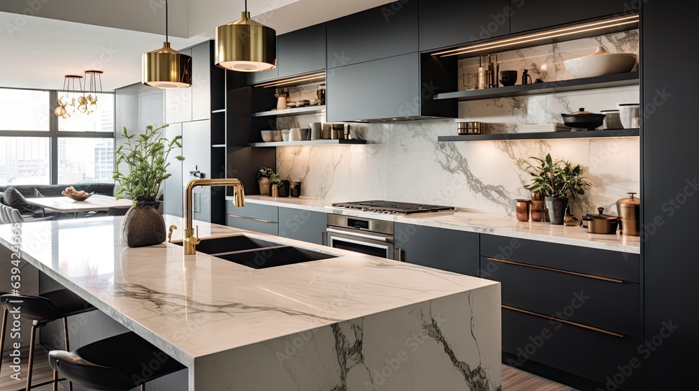 Obraz na płótnie A contemporary, chic kitchen in Chicago featuring stylish black and white cabinets, golden fixtures, and marble tiles. w salonie