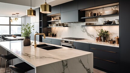 A contemporary, chic kitchen featuring stylish black and white cabinets, golden fixtures, and marble tiles.