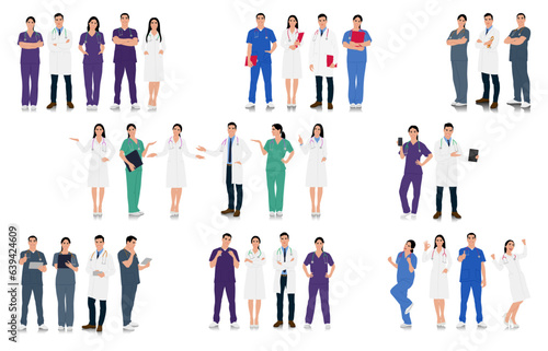 Hand-drawn male and female doctors and nurses. Happy smiling doctors with a stethoscopes. Healthcare workers  in uniform. Different color options. Vector flat style illustration set isolated