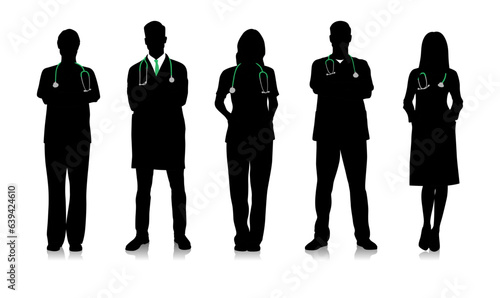 Silhouettes oF male and female doctors in white coats. Happy smiling doctors with a stethoscopes. Male and female nurses in uniform. Different color options. Vector flat illustration set isolated