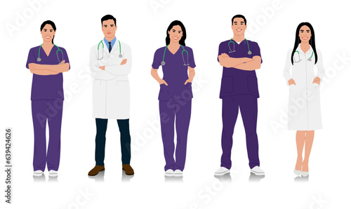 Hand-drawn male and female doctors in white coats. Happy smiling doctors with a stethoscopes. Male and female nurses in uniform. Different color options. Vector flat style illustration set isolated