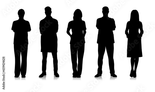 Silhouettes oF male and female doctors in white coats. Happy smiling doctors with a stethoscopes. Male and female nurses in uniform. Different color options. Vector flat illustration set isolated