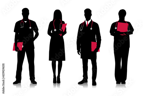 Silhouettes oF male and female doctors in white coats. Happy smiling doctors with a stethoscopes. Male and female nurses in uniform. Different color options. Vector flat illustration set isolated
