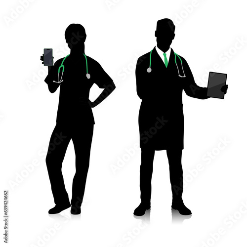 Silhouettes oF male and female doctors in white coats. Happy smiling doctors with a stethoscopes. Male and female nurses in uniform. Different color options. Vector flat illustration set isolated