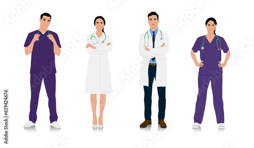 Hand-drawn male and female doctors in white coats. Happy smiling doctors with a stethoscopes. Male and female nurses in uniform. Different color options. Vector flat style illustration set isolated