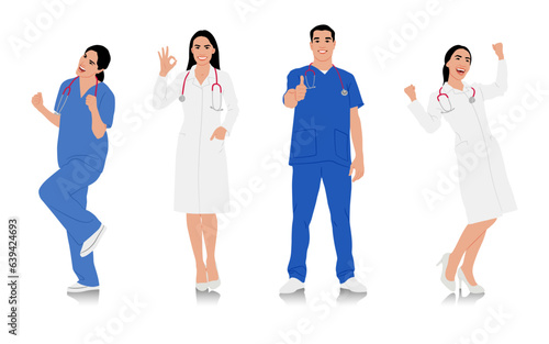 Hand-drawn male and female doctors in white coats. Happy smiling doctors with a stethoscopes. Male and female nurses in uniform. Different color options. Vector flat style illustration set isolated