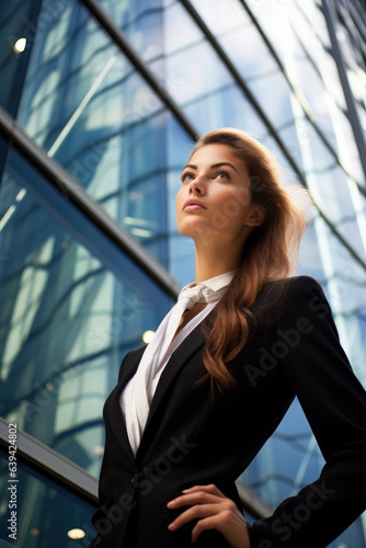 confident young woman in a business suit on the background of office buildings. businesswoman  girl company manager .