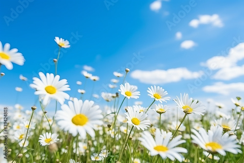 chamomile field on a sunny day. daisy flowers under the blue sky. grass and field of flowers. blue sky and sun © Svetlana
