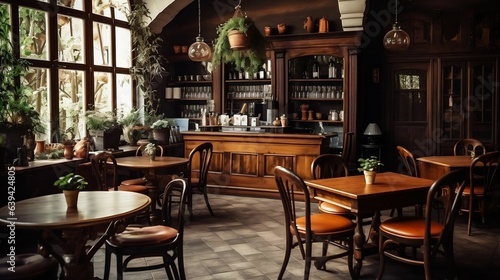 Vintage coffee shop with wooden furniture 