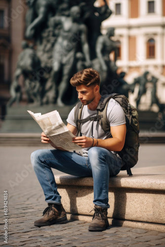 a young man, with a backpack, looking at a map and smiling. travel, tourism and hiking in a new city and country.