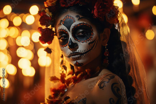 young woman with make-up skeleton, sugar skull. girl celebrating halloween or day of the dead. flowers and lights.