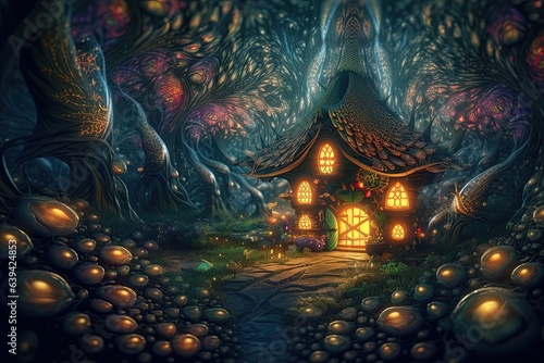 Mysterious forest scene. A magical fairy tree house in a psychedelic setting. Generative ai