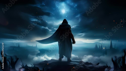 The silhouette of a shapeshifter stands at night with the heavens and stars behind them. Protected by a leather cuirass bracers and greaves the shapeshifter stands tall and photo