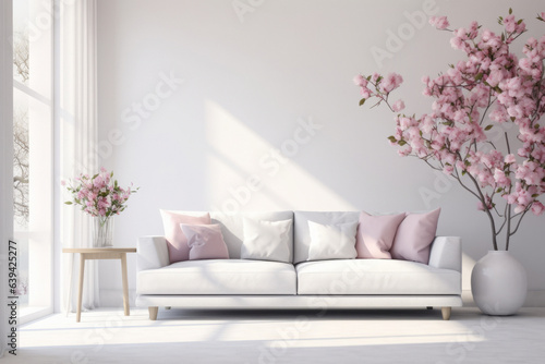 Beautiful modern minimalist room design with sofa and plants.generative ai 