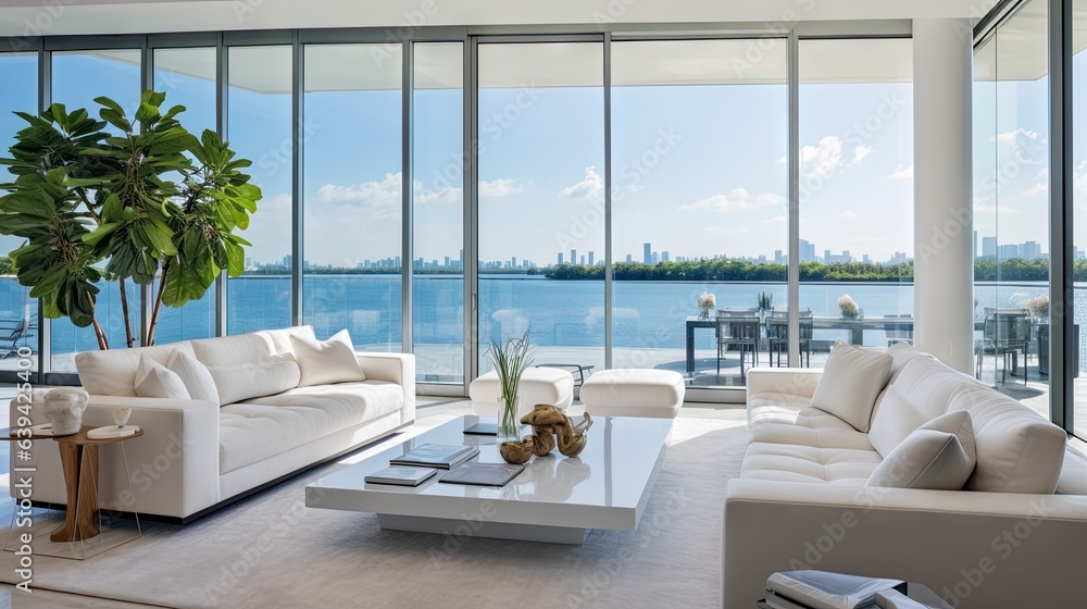 Obraz premium Boasts a sleek living space that offers breathtaking vistas of the bay and city through expansive floor to ceiling windows. The minimalist white interior is adorned with designer sofas.
