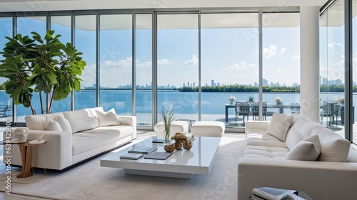 Boasts a sleek living space that offers breathtaking vistas of the bay and city through expansive floor to ceiling windows. The minimalist white interior is adorned with designer sofas.