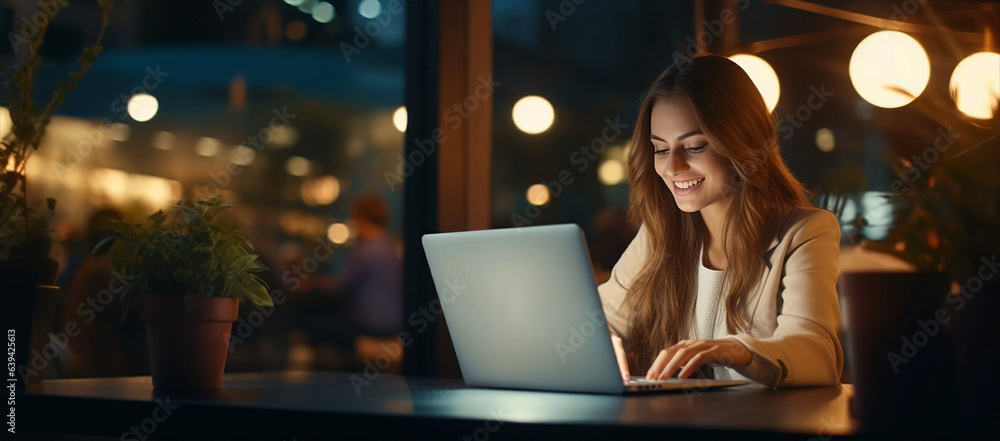 Fototapeta premium young professional woman working on laptop in the evening
