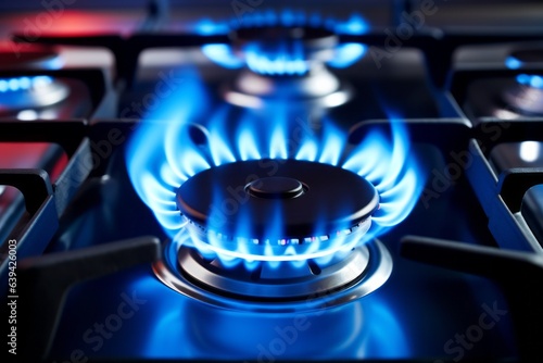Blue Flame on Stove Burner. Cooking Appliance in Domestic Kitchen