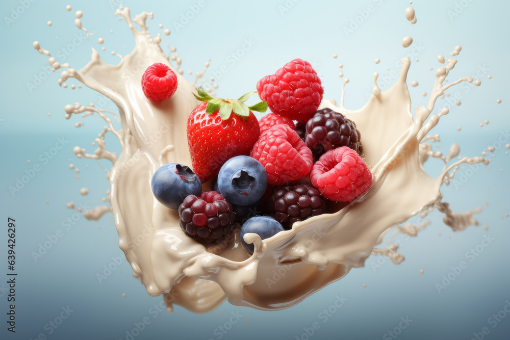 Milk splash with blueberries, raspberries, blueberries and blackberries ...