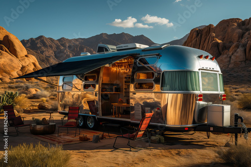 An RV parked in the desert with stunning mountain scenery