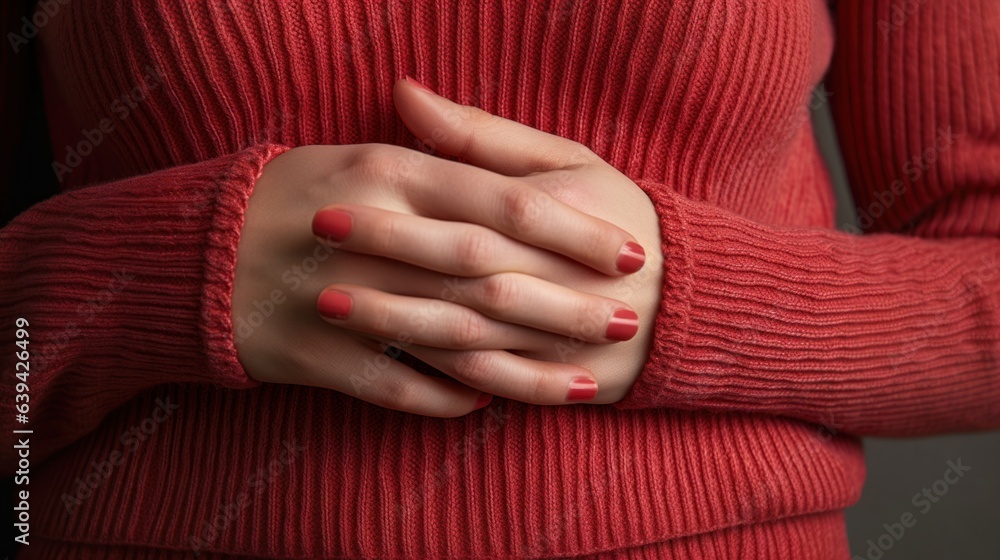 Close-up of female hands with red nail polish and knit shirt.