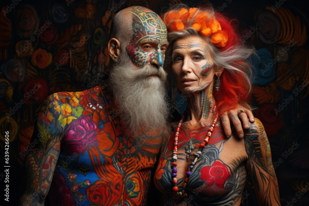 Senior couple surrounded by vibrant colors, showcasing their tattooed bodies as living art pieces. Generative Ai