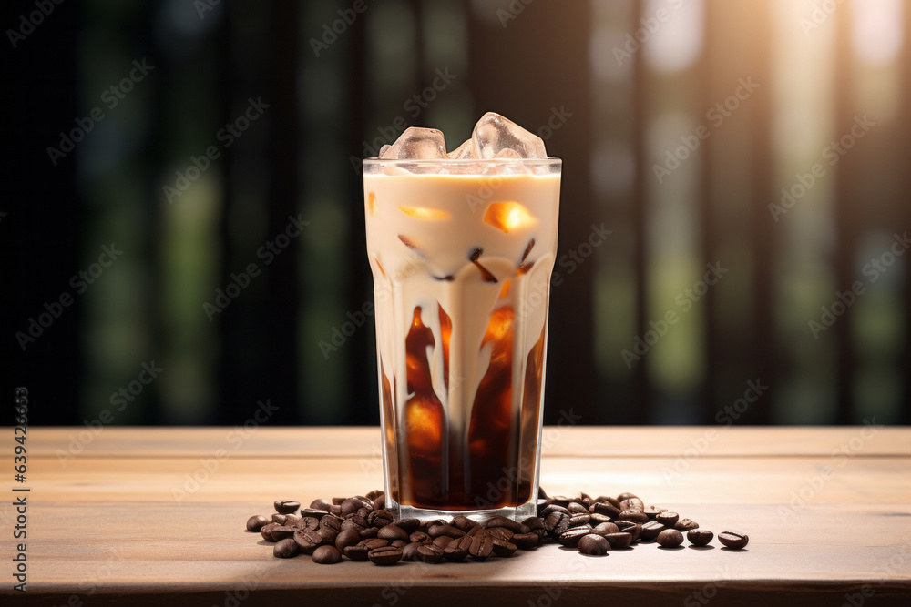 Cold coffee with ice and milk on a beautiful background with space for text or logo. generative ai
Cold coffee with ice and milk on a beautiful background with space for text or logo. generative ai