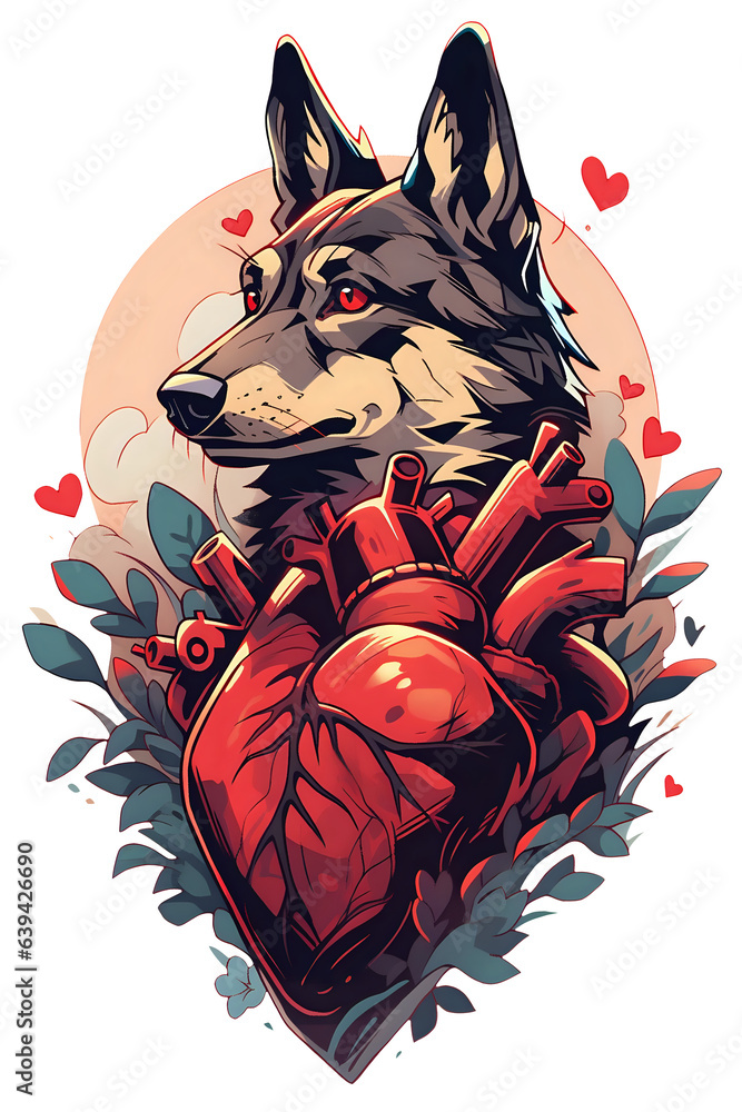 Emotive wolf with heart illustration on isolated background. A profound ...