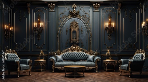 Fotografiet 19th century Renaissance style room with modern luxury furniture, dark walls adorned with stucco and gilded frames, and wooden parquet