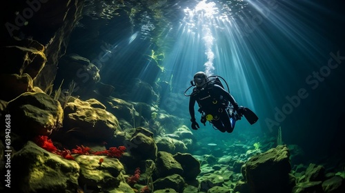 Diver exploring intricate details of underwater cave
