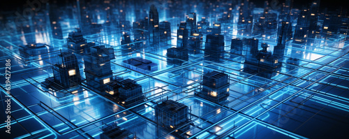 Neon Blue Wires Connected to Tiny Lamps Representing a Complex Electrical Grid, Power Grid, Electricity Grid, Generative AI