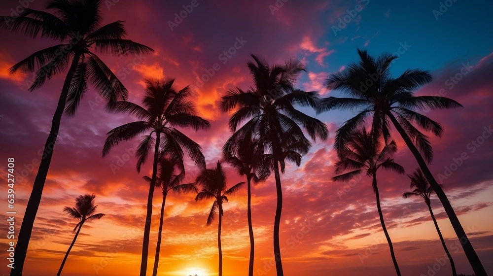Palm trees silhouetted against a fiery sunset
