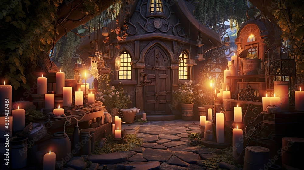 Candles light up a magical witch or sorcerers cottage with potions and spells in a 3D illustration.