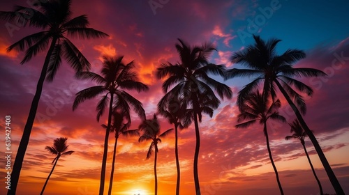 Palm trees silhouetted against a fiery sunset 