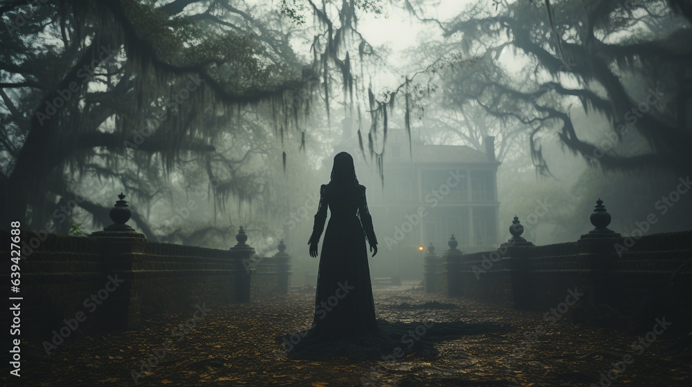 Eerie haunting ghostly female figure walking in front of a foggy Southern Plantation antebellum mansion on Halloween night - generative AI. Eerie haunting ghostly female figure walking in front of a foggy Southern Plantation antebellum mansion on Halloween night - generative AI.
