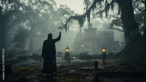 Eerie haunting ghostly silhouetted figure pointing and standing in front of a foggy Southern Plantation antebellum mansion on Halloween night - generative AI.