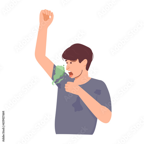 Stinky own armpits. Man has a bad body odor problem. Dirty armpits.  modern trendy style. Hand drawn vector character illustration. Isolated on white background.