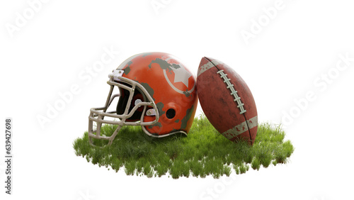 3d render illustration of an old dirty used americal football helmet with the rubber or leather rugby ball on grass isolated from the background that can be used as a graphical resource over photos photo