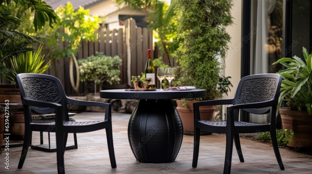 Black plastic garden furniture on a home patio, along with a small electrical zen table fountain and real grape vines with hanging grapes in the background.