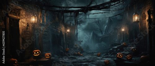 Halloween spooky background  scary pumpkins in old big creepy Happy Haloween ghosts horror house evil haunted castle scene. Creepy dark gothic mysterious night dark backdrop concept. 