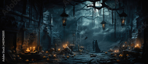 Halloween spooky background, scary pumpkins in old big creepy Happy Haloween ghosts horror house evil haunted castle scene. Creepy dark gothic mysterious night dark backdrop concept.  © Synthetica