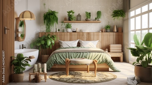 Boho themed bathroom and bedroom with wooden elements in green and white tones. Tropical wallpaper and potted plants complement the country vintage interior design. 3D illustration.