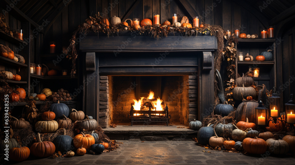 Fall and Halloween decorated cozy fireplace interior setting - generative AI. Fall and Halloween decorated cozy fireplace interior setting - generative AI.