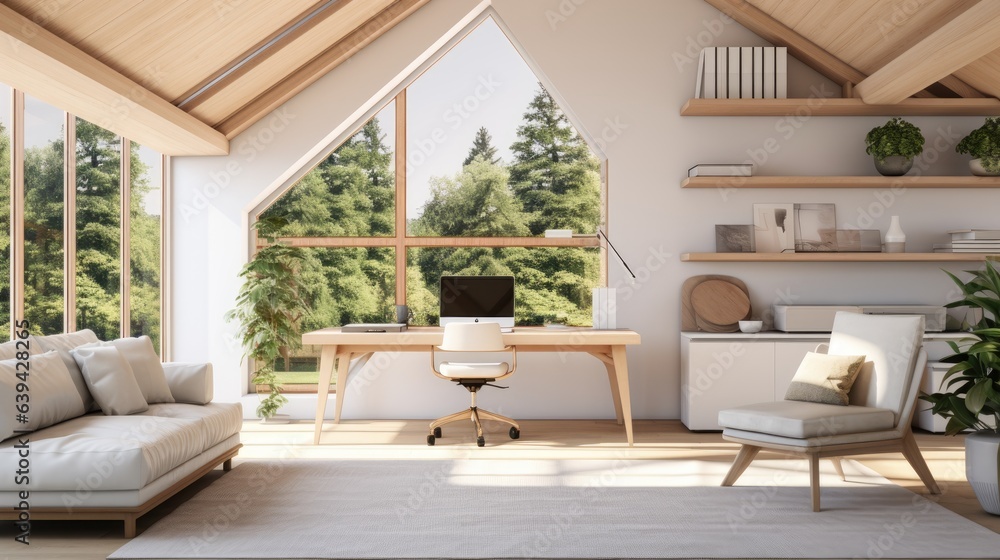 Fototapeta premium A a white home office with a lounge zone, armchair with laptop, and a desk with a panoramic window on the countryside. The workspace also includes a sofa and an empty wall for mockup.