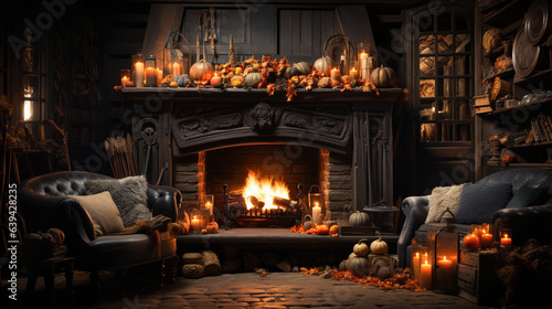 Fall and Halloween decorated cozy fireplace interior setting - generative AI.